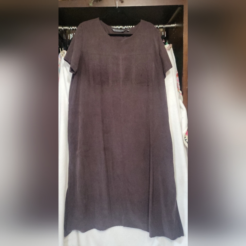 Giorgio Kauten Brown 100% Silk Midi Dress Size XXL Pockets  + Side Slits